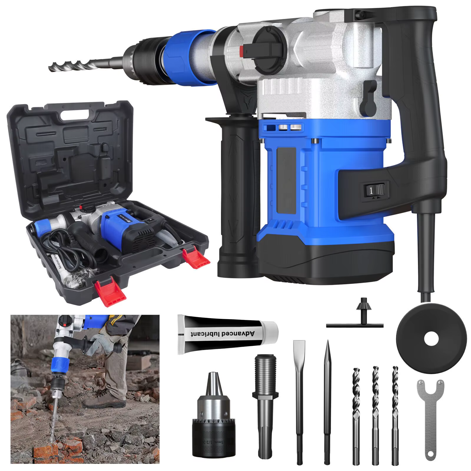 Perceuse à percussion rotative 1500W-6 vitesses réglables, 4 fonctions, marteau de démolition électr