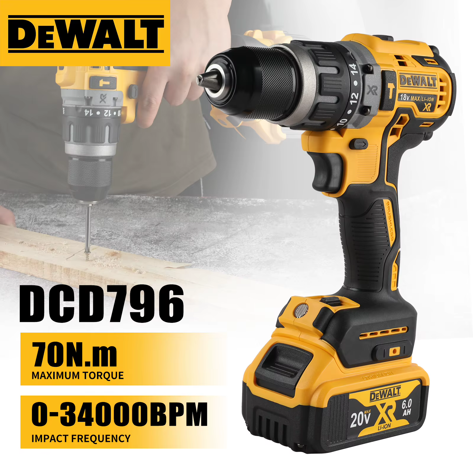 Dewalt DCD796 perceuse à percussion sans fil, perceuse compacte à entraînement sans balais, batterie