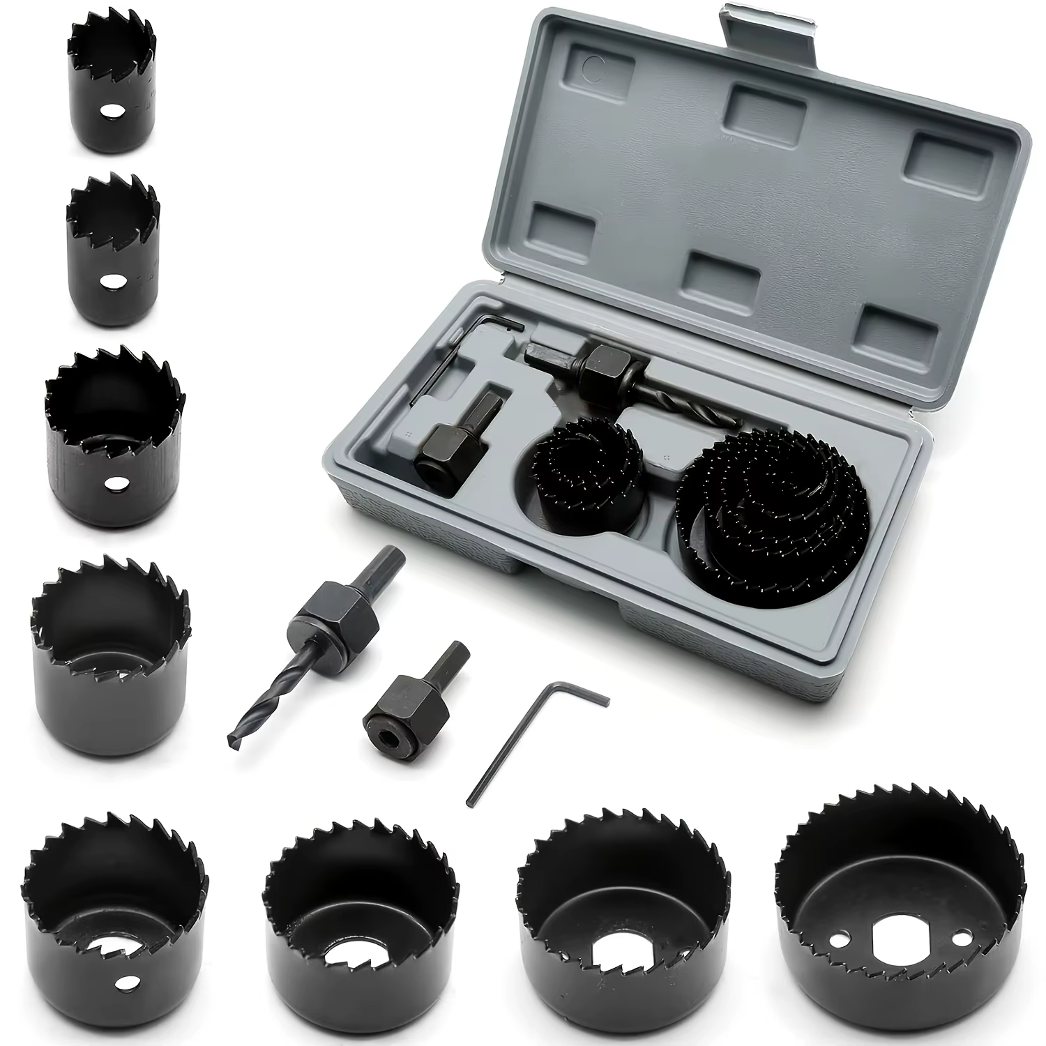Kit de scies cloches 11 pièces, comprenant 8 tailles (3/4" à 2-1/2"), arbres, forets et clé hexagona
