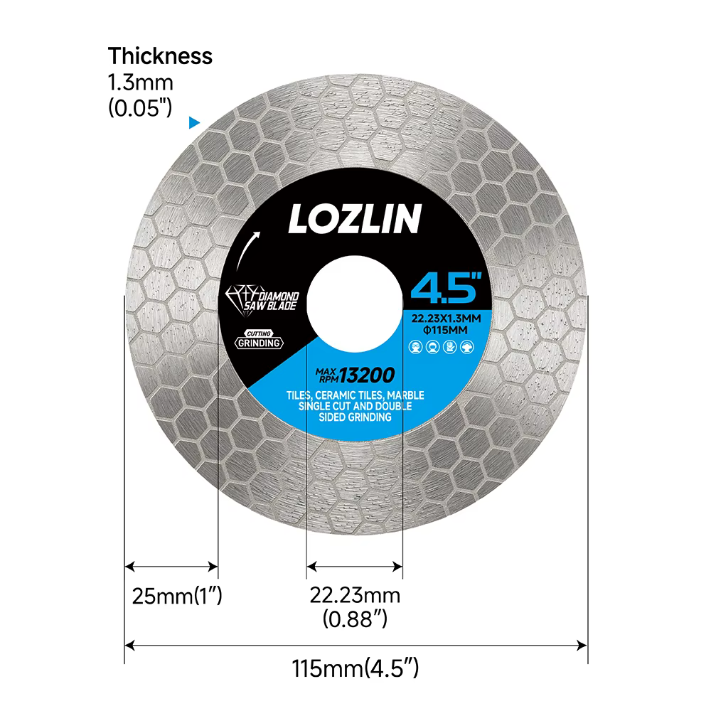 Disque de coupe et de meulage diamanté LOZLIN 115/125 mm, double face hexagonale, pour granit, céram