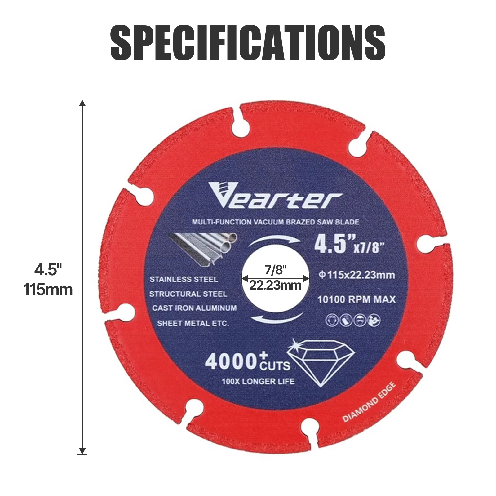 Vearter 115/125/150mm disque de coupe diamant brasé sous vide roue de meuleuse d'angle pour barres d