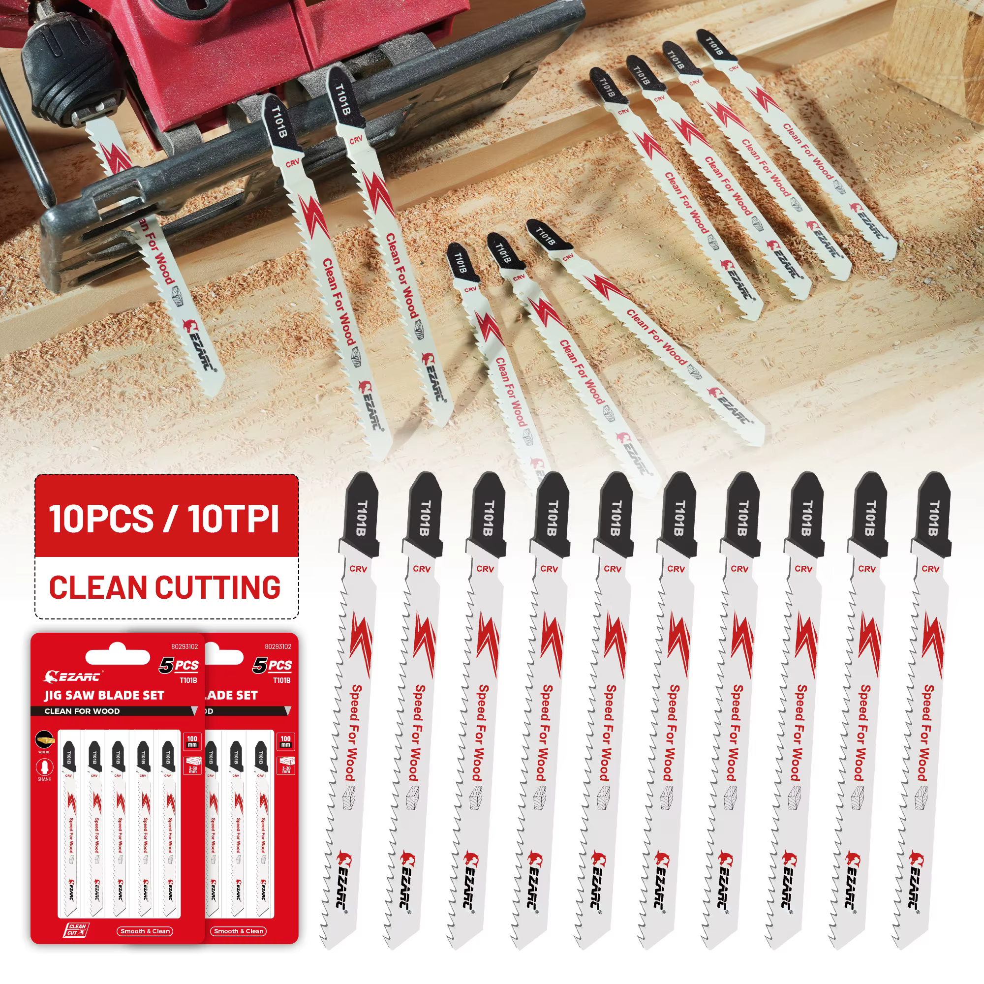 Lames de scie sauteuse CR-v pour coupe propre du bois T101B, ensemble de 10 lames de scie sauteuse, 