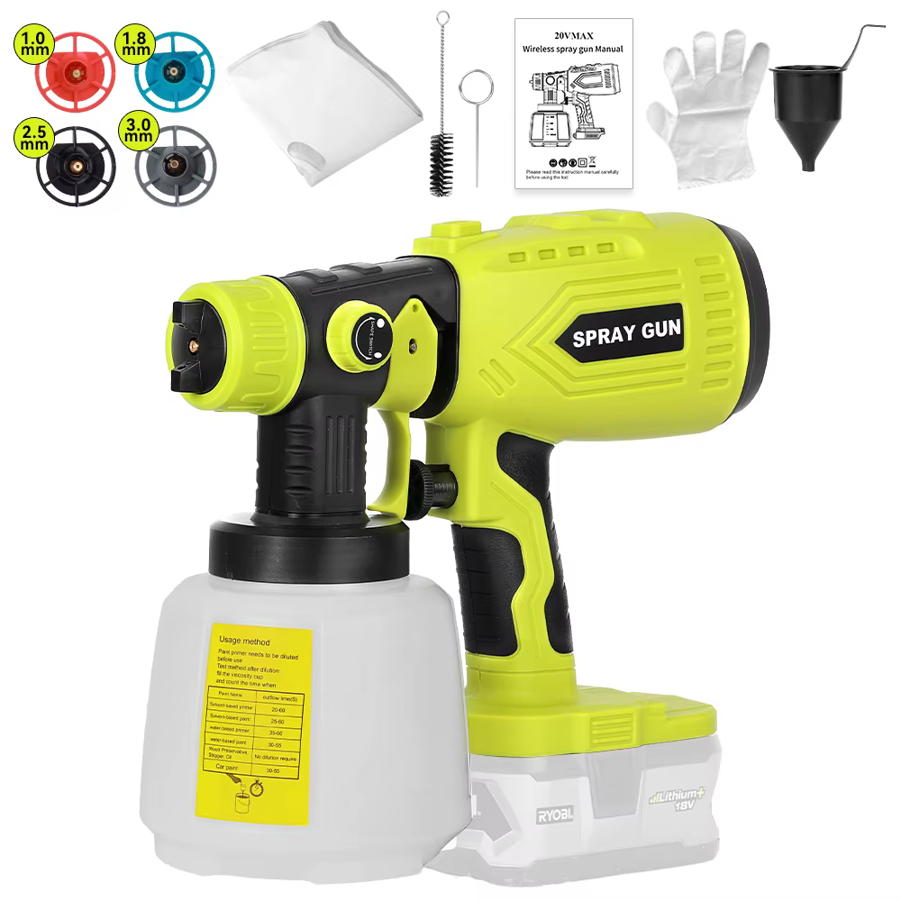 Pulvérisateur de peinture HVLP sans fil 200 W pour Ryobi 18 V ONE +, 4 buses, 3 motifs, récipient 10