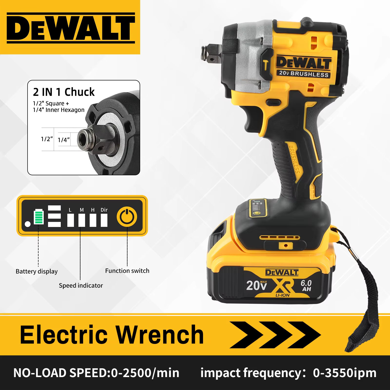 DEWALT DCF921 ATOMIC 20V MAX Clé à chocs sans fil 1/2 pouce : vitesse variable, charge intégrée, liv