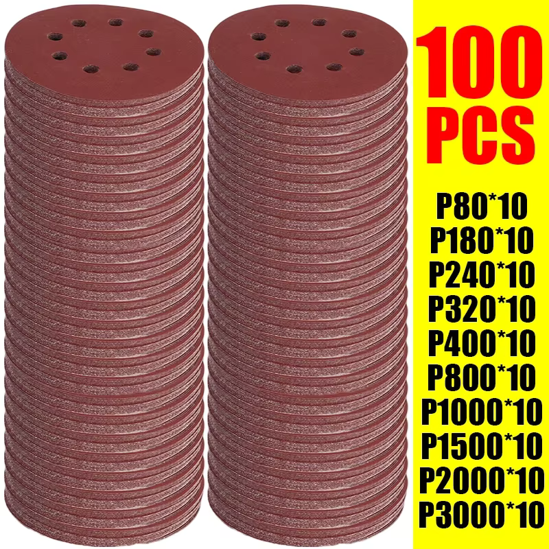 100 pièces disques abrasifs 8 trous crochet et boucle papier de verre adhésif 125mm 80 ~ 3000 grains