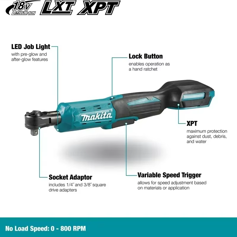 Clé à cliquet sans fil MAKITA DWR180Z 18V LXT, entraînement de 6,35 mm, 800 tr/min, 47,5 N·m, clé à 