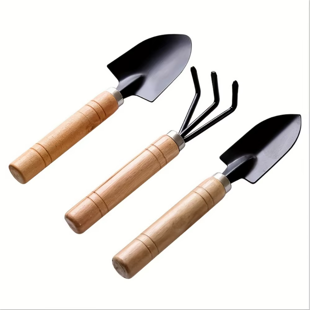 Ensemble de trois mini-outils de jardinage avec manches en bois et râteau à trois dents, ensemble d'