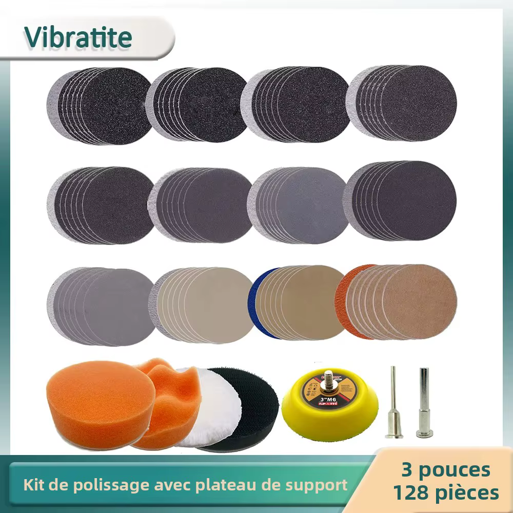 Kit de papier de verre de 3 pouces, 128 pièces, feuilles abrasives humides et sèches avec plaque de 