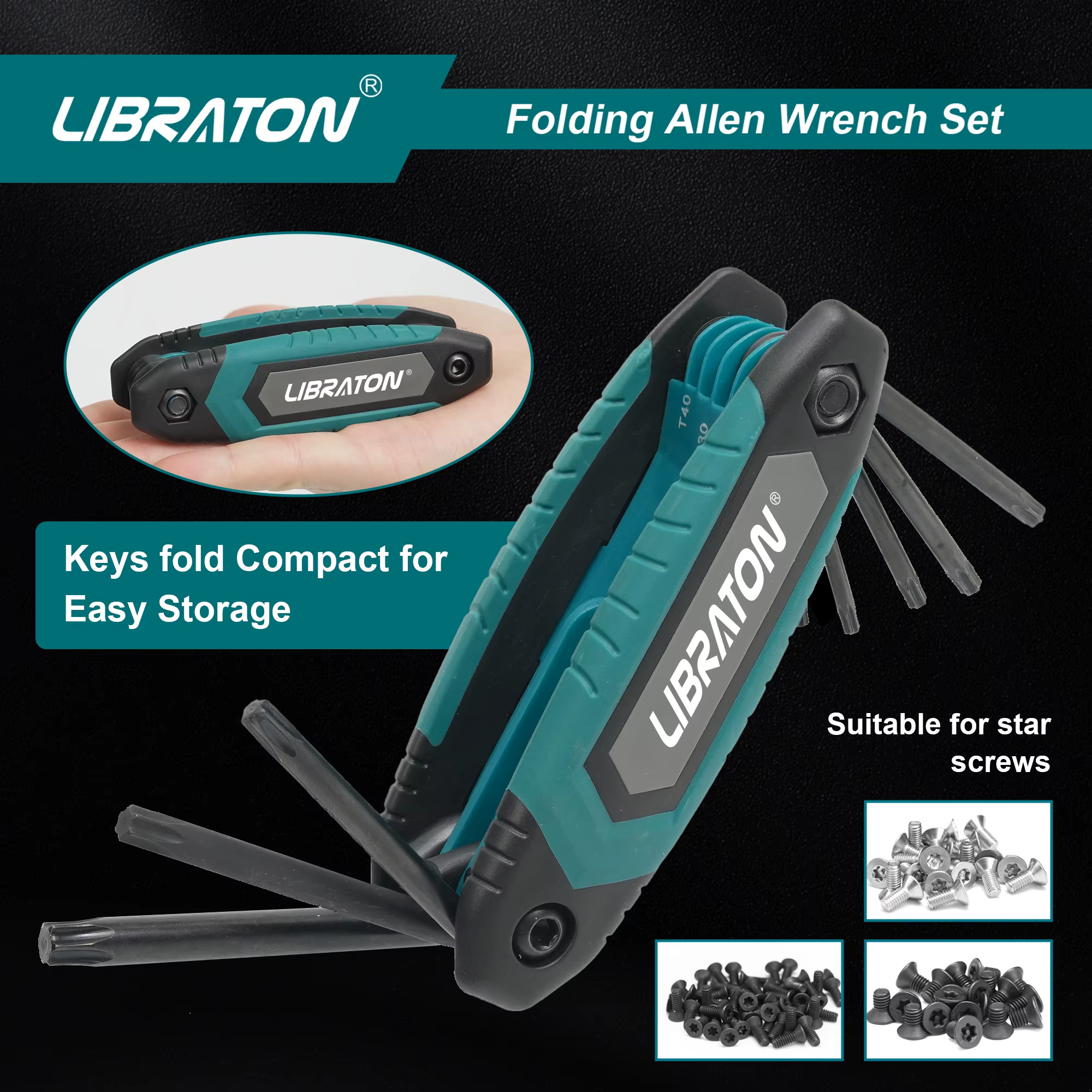Libraton 8 en 1 clé hexagonale Torx pliante Allen poche clé étoile Portable Kit tailles T-9 à T-40 p