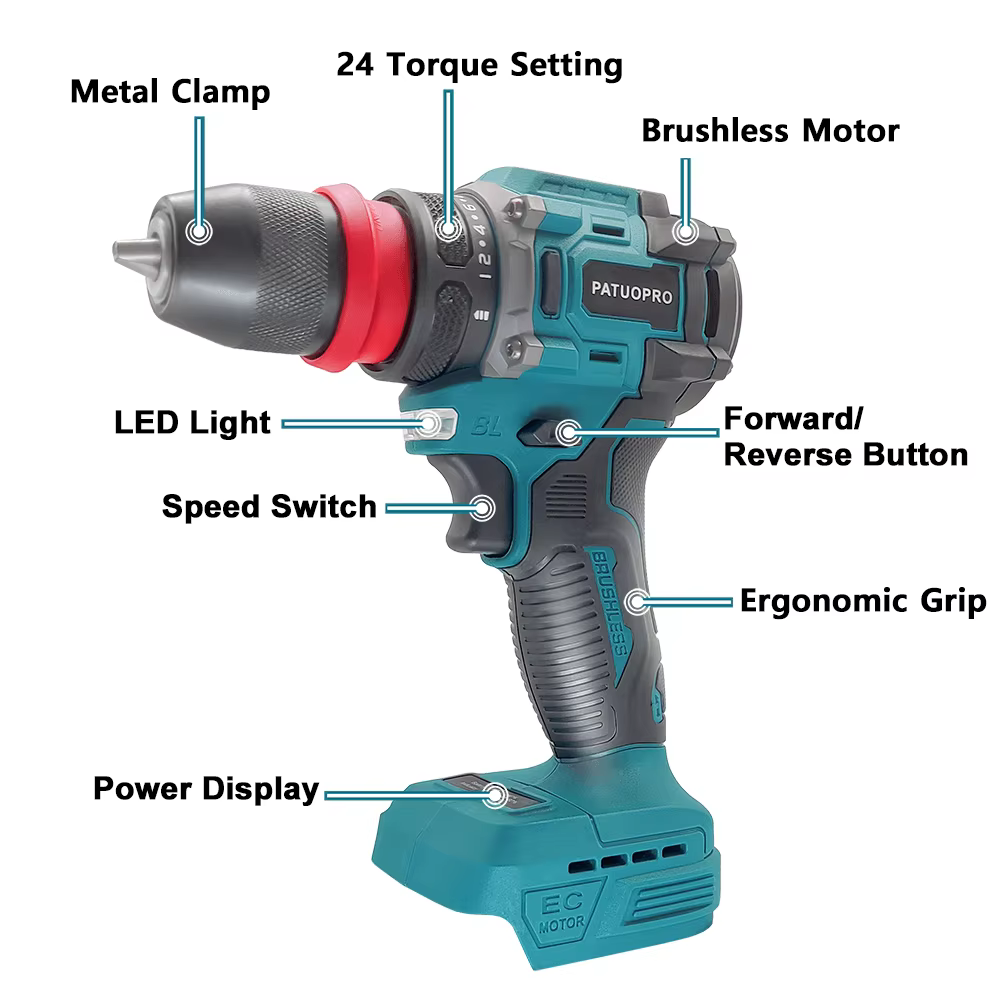 PATUOPRO-Perceuse électrique sans fil 2 en 1, mandrin de 10mm, tournevis sans balais, outil électriq