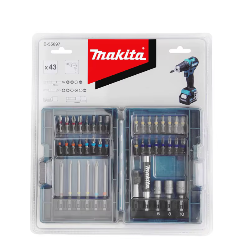 Makita B-55697 Jeu d'embouts de tournevis électriques 43 pièces, Type de fleur croisée à code couleu