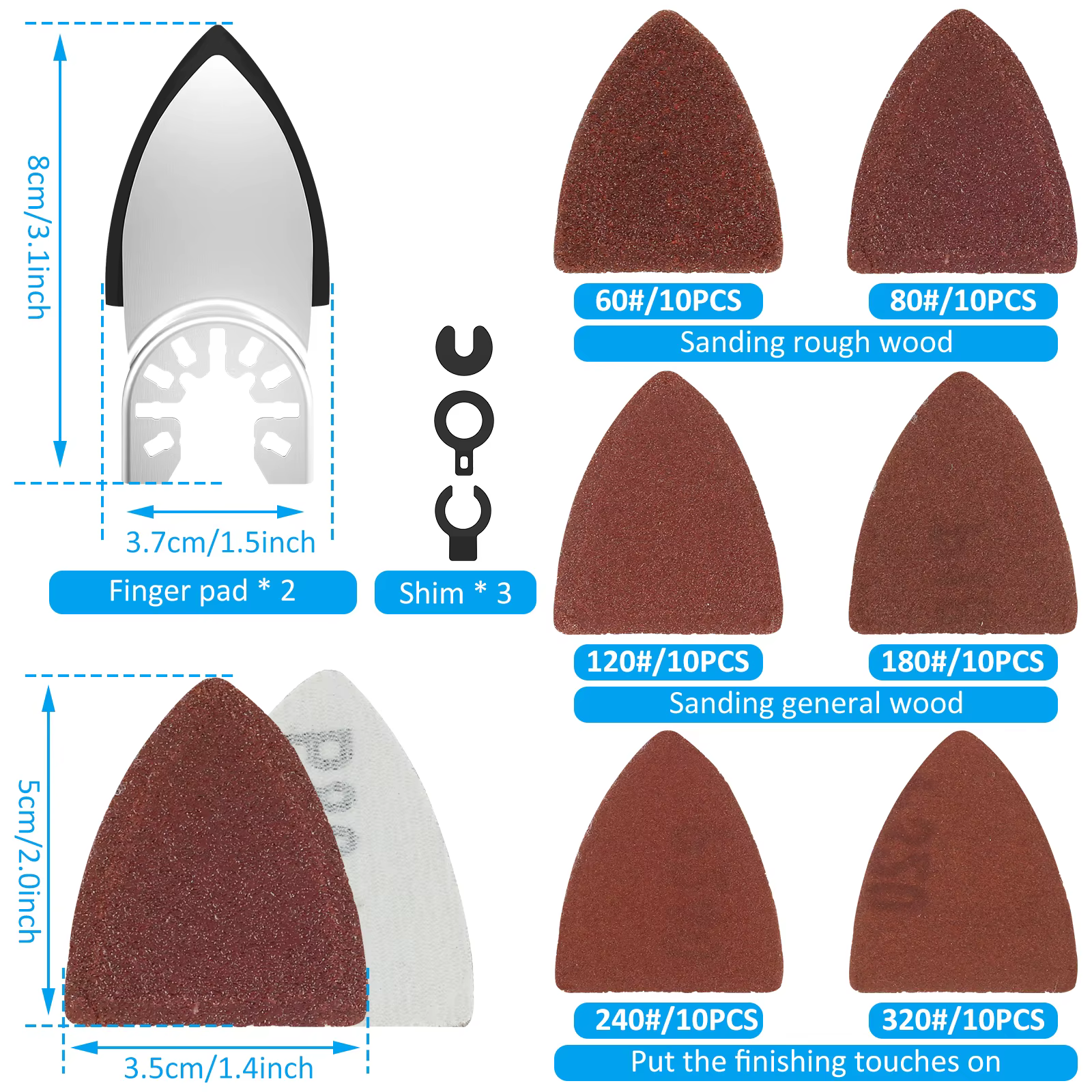 Papier abrasif triangulaire, tampon abrasif 60/80/120/180/240 grains, papier abrasif multi-outils po