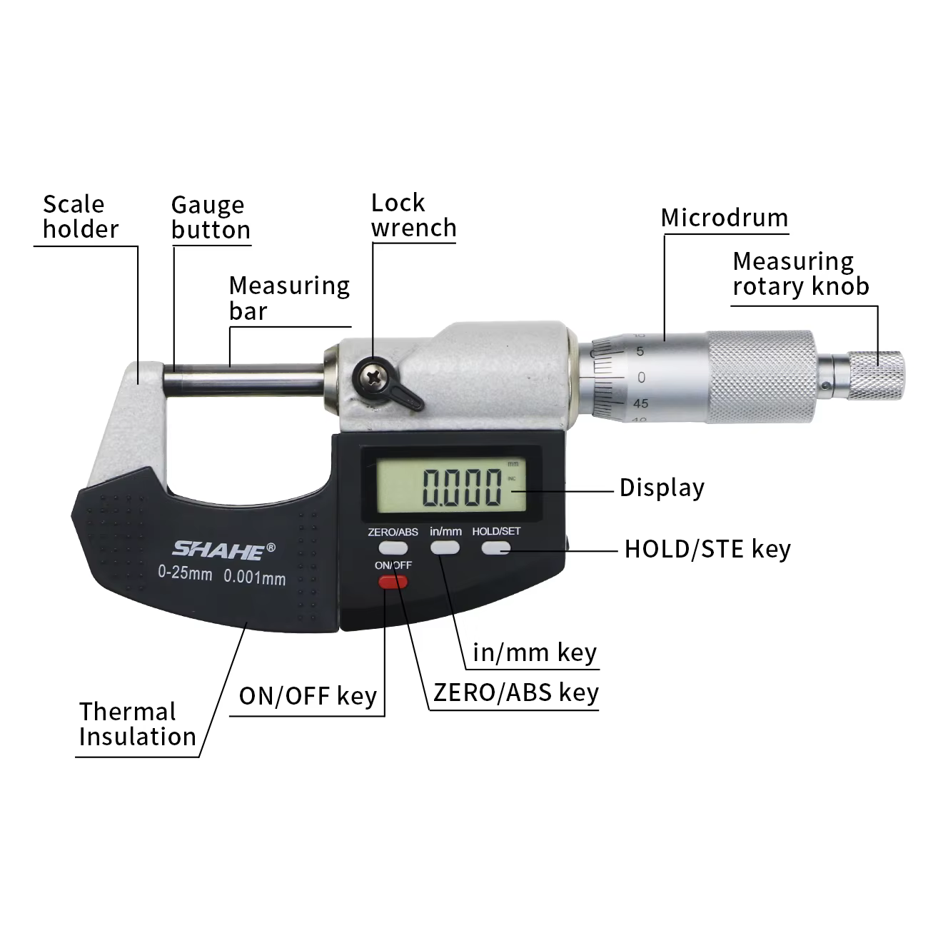 Micromètre numérique SHAHE 0.001mm 0-25mm micromètre extérieur électronique avec ligne d'échelle mic