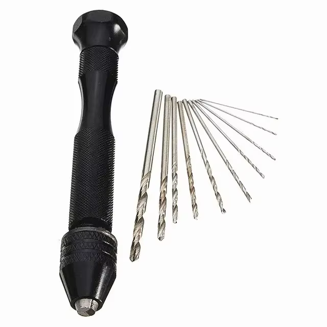 Mini kit d'outils avec perceuse manuelle noire 10 pièces pour le travail du bois, outils rotatifs po