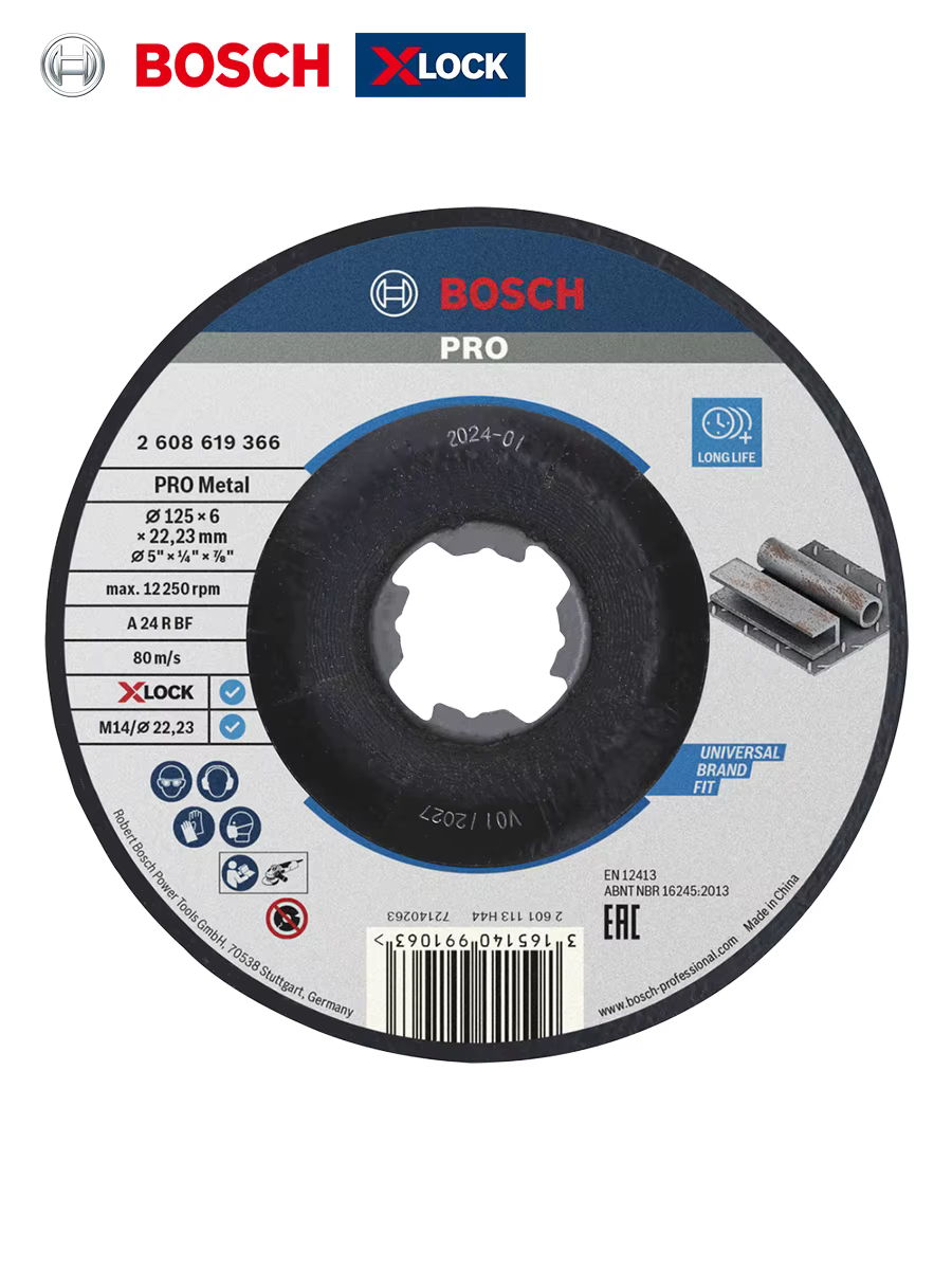 Disque de meulage pour métal Bosch Pro 125 mm X-Lock, système de changement rapide pour meuleuses d'