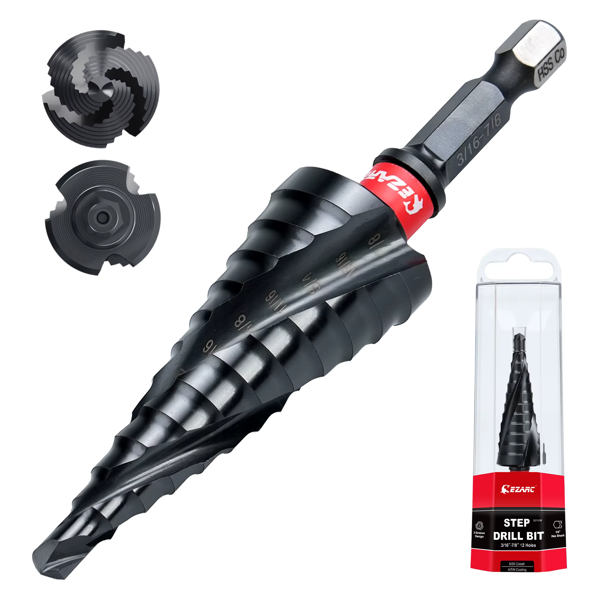Foret étagé EZARC M35 au cobalt pour métal, revêtement AlTiN, rainure spirale C-Edge, foret étagé Un
