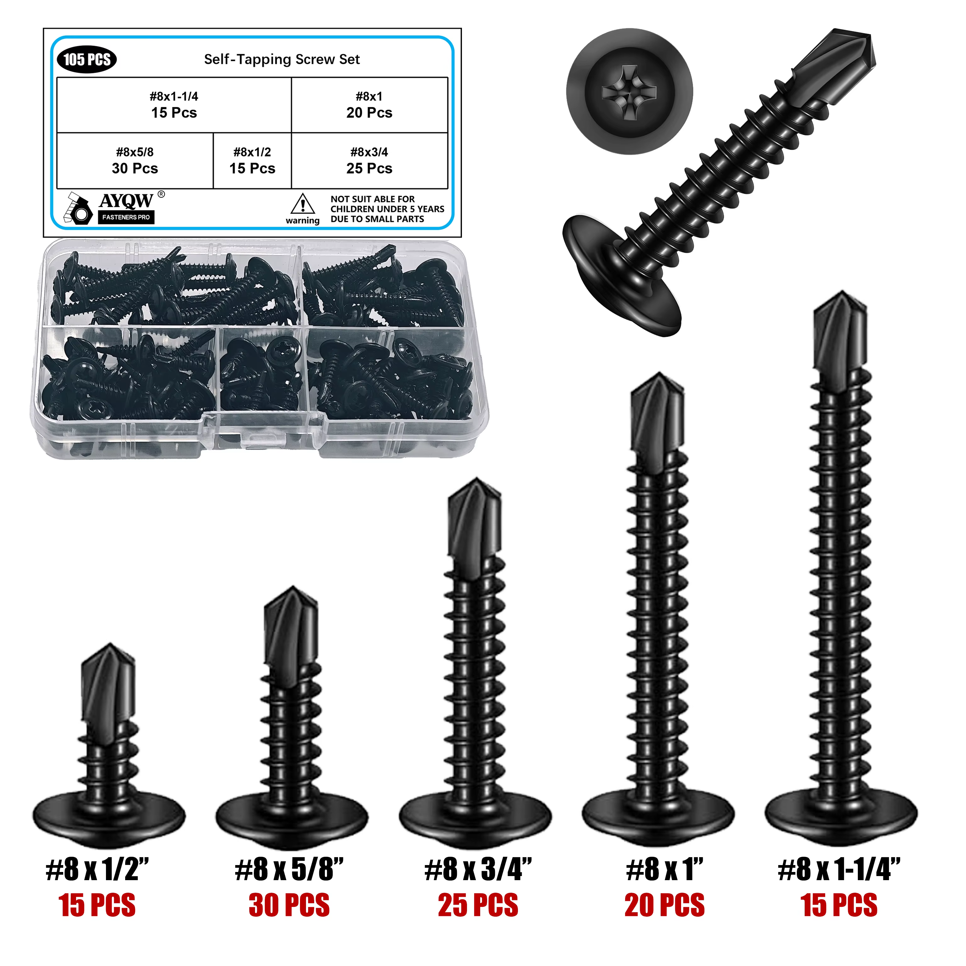 105 pièces # 8 vis autotaraudeuses, vis autotaraudeuses en acier au carbone pour métal, 1/2 ", 5/8 "