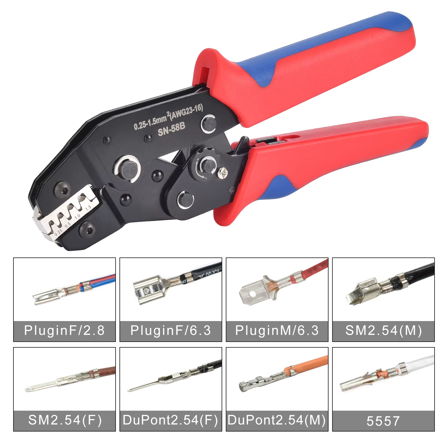 Outil de sertissage à baril ouvert Non isolé SN-58B 23-16 AWG /0,25-1,5 mm2, bornes Dupont Molex JST