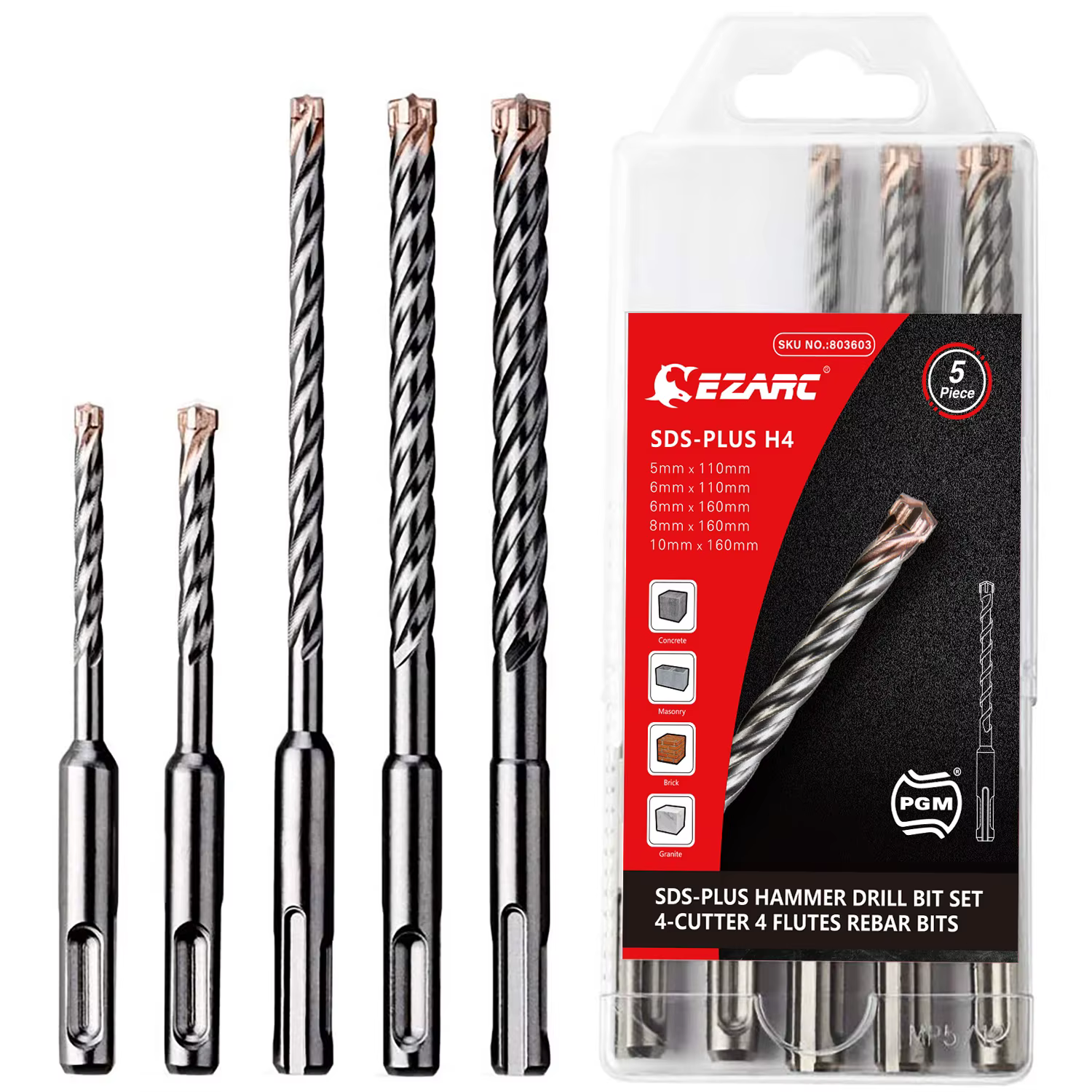 EZARC Foret de maçonnerie 5PC SDS-Plus Forets à percussion 4 embouts en carbure pour béton renforcé,