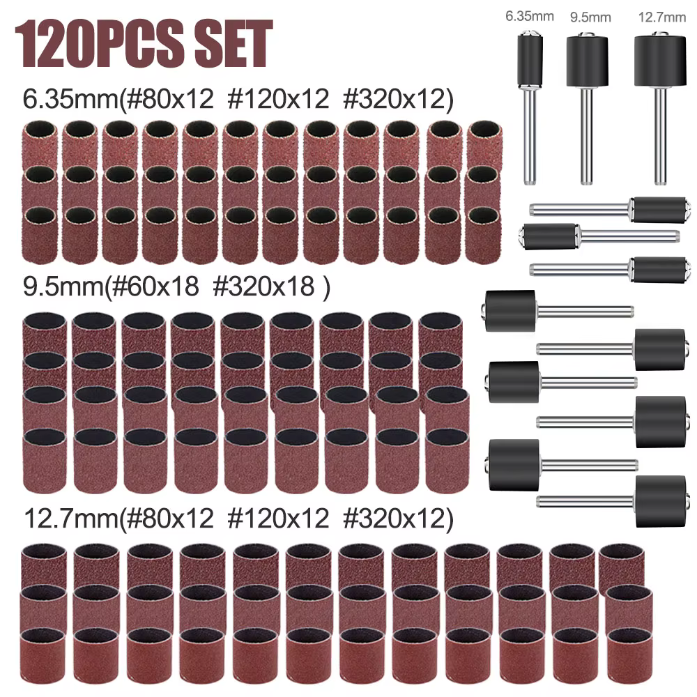 Kit de tambours de ponçage 120 pièces, bandes de ponçage à grains 60/80/120/320 pour manchons Dremel