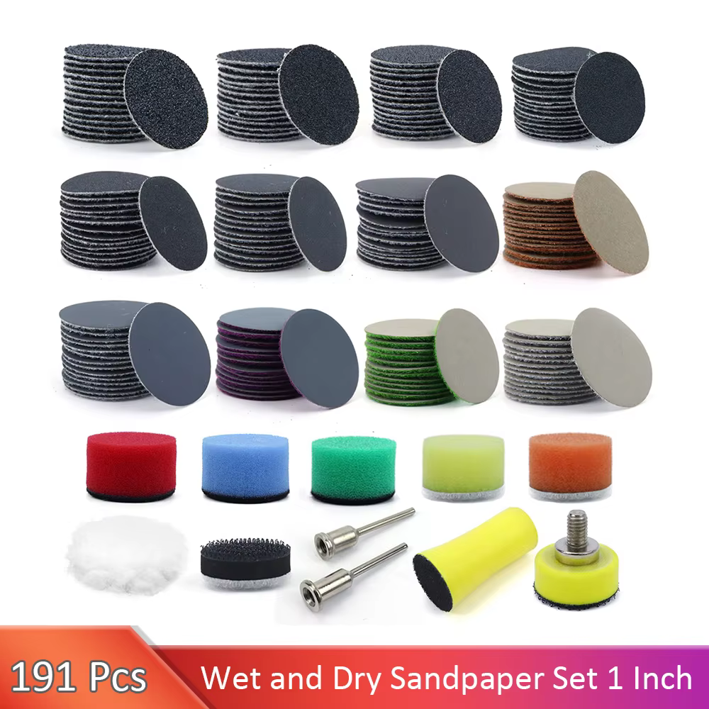 191 PCS 1 « , 25mm Hook & Loop Wet & Dry Sandpaper with 3mm Shank Pad Polishing Pad and Interface Pa
