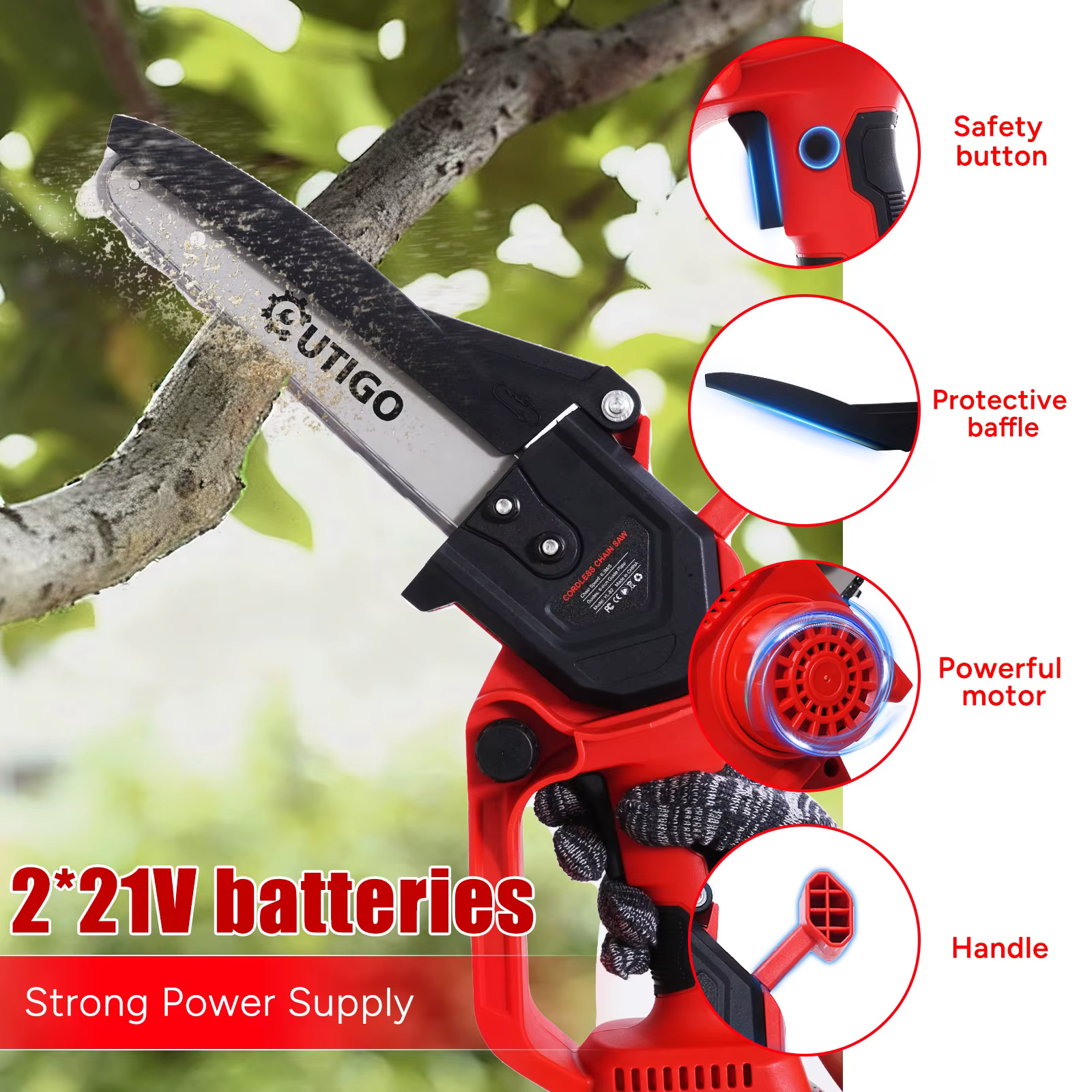 OUTIGO Tronçonneuse à batterie, Tronçonneuse 8 pouces, 2*4000mah, MINI Tronçonneuse sans fil, 4 cha