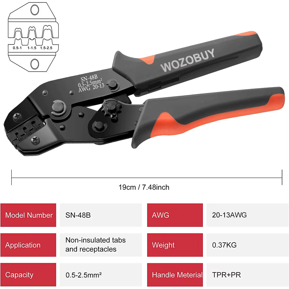 WOZO-Outils de sertissage de broche SN-48B 2.8mm, 4.8mm, 6.3mm, 0.5mm, pince à sertir 22-13AWG 2.5-m