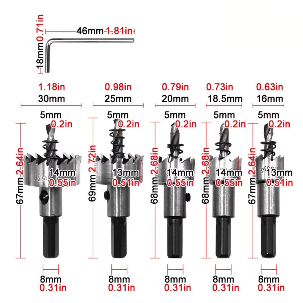 JENTORIX 5 pièces, ouvre-trou en acier rapide de 16-30 mm, kit de scie cloche avec clé, jeu de foret