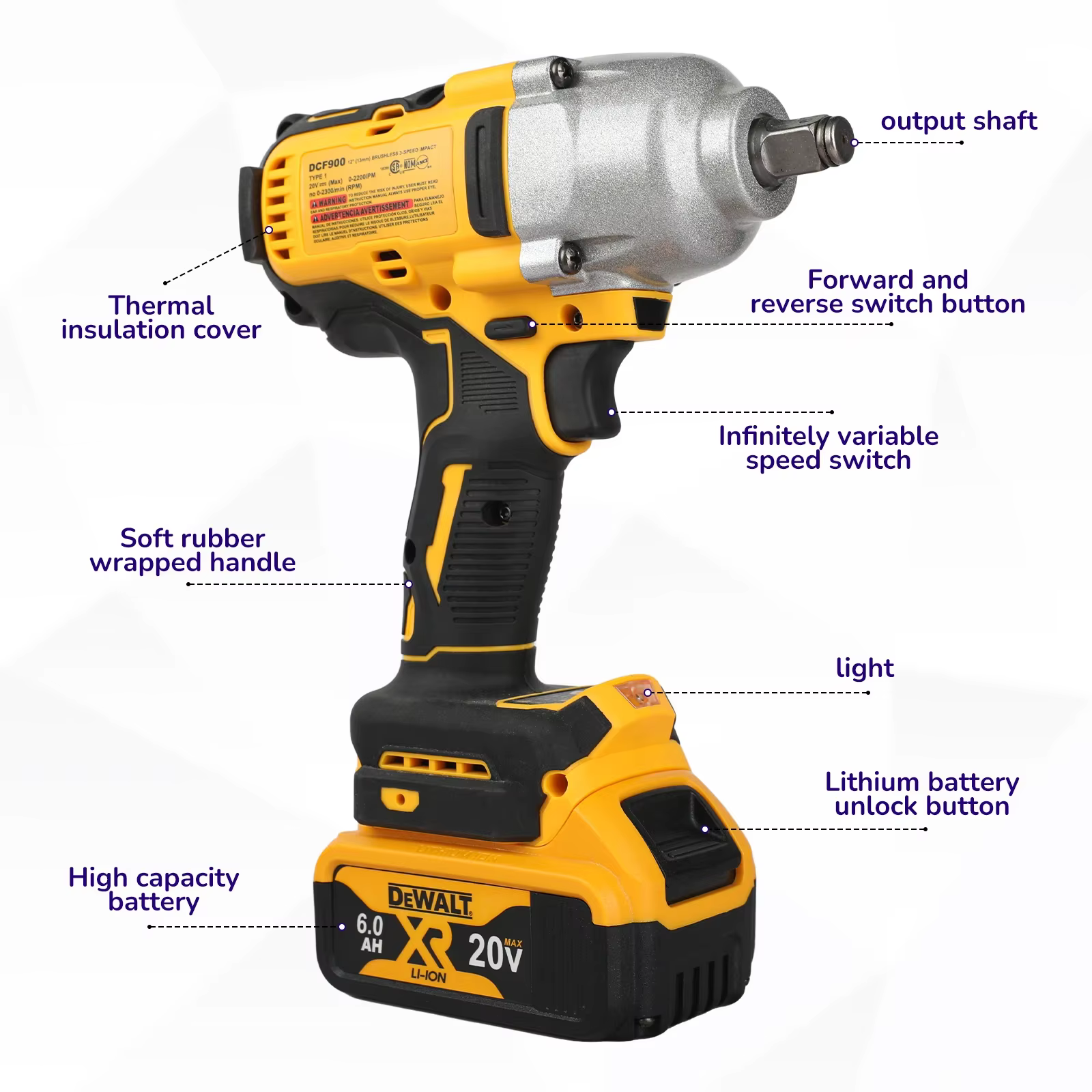 DeWalt DCF900 clé à chocs électrique sans brosse à couple élevé 20V alimentée électrique Durable pou