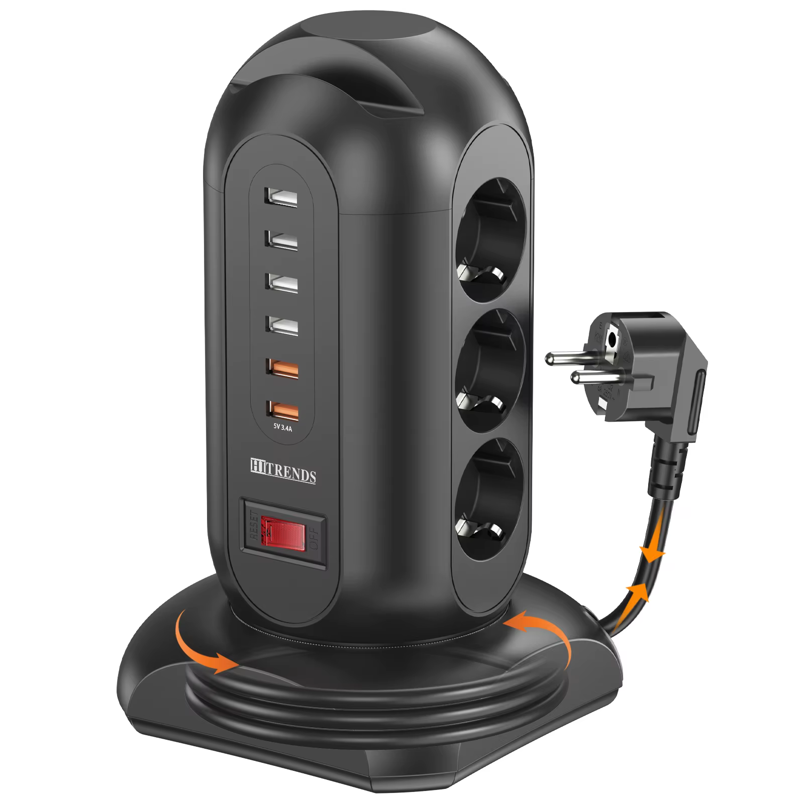 Multiprise tour 15 en 1 2500 W, 9 prises, 6 ports de chargement USB, prise d'extension rétractable d