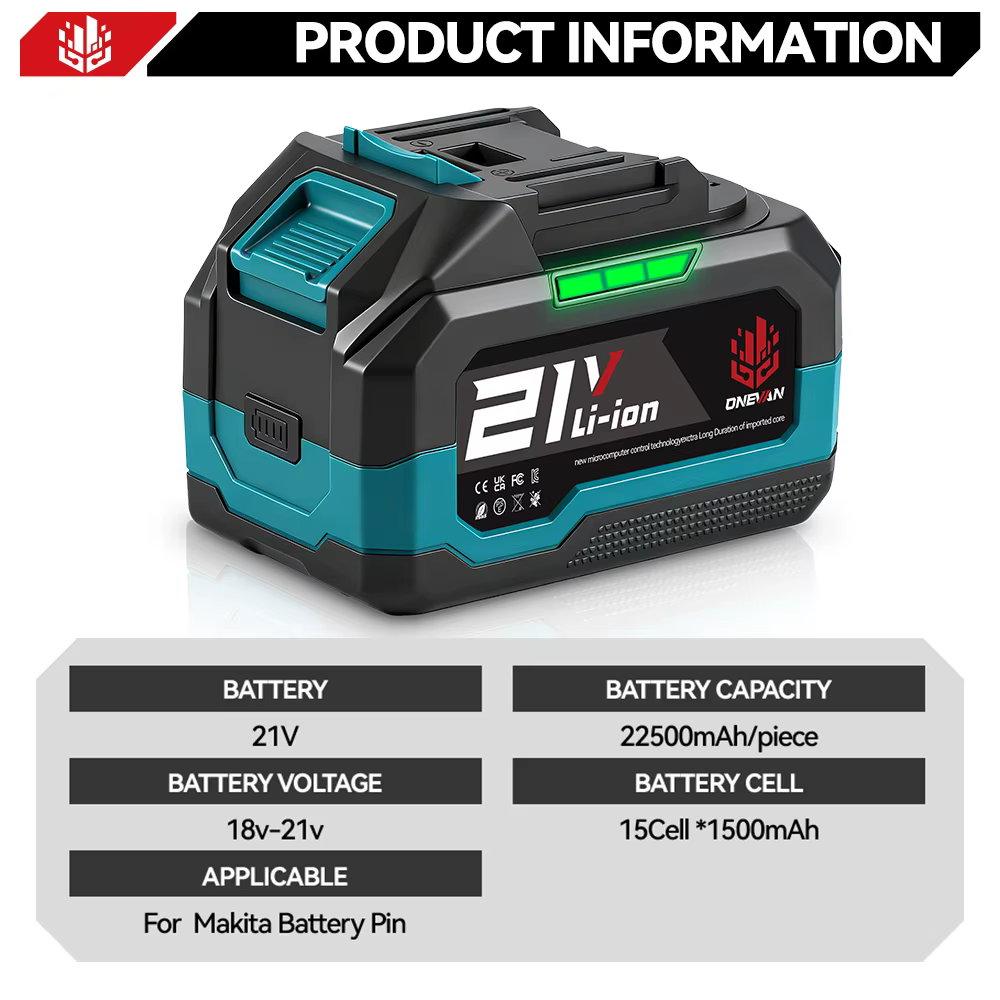 Batterie au lithium ONEVAN 22500mAh 15000mAh avec indicateur de capacité rechargeable pour outils él