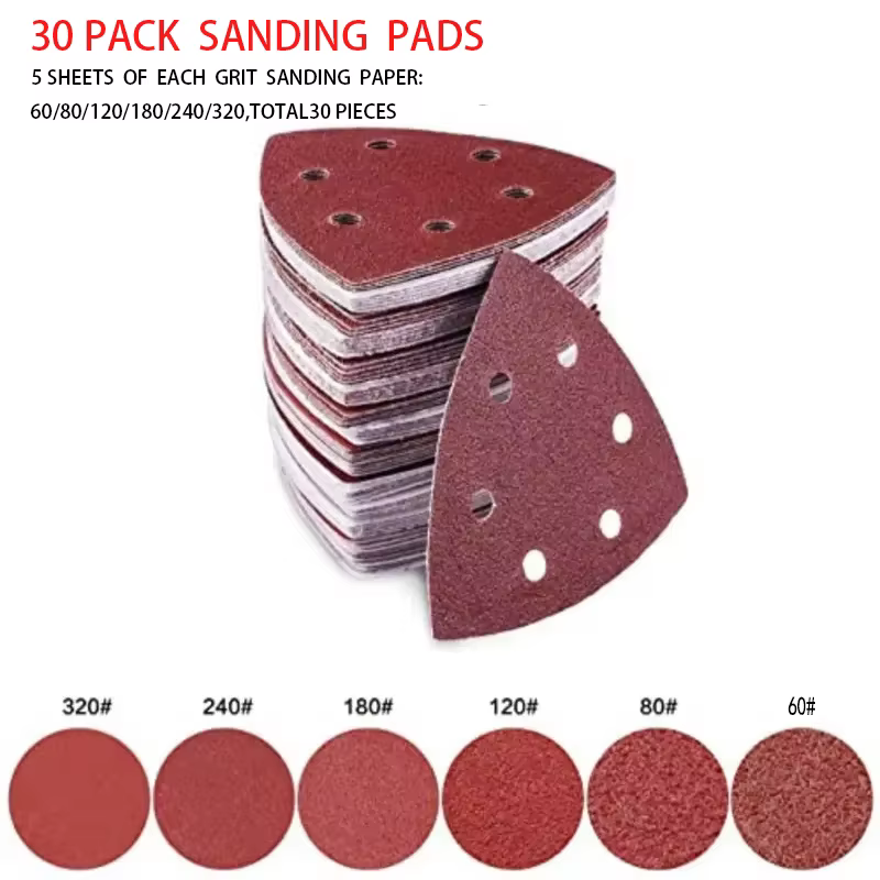 30 pièces tampons de ponçage triangulaires tampons de ponceuse de souris papier de verre avec 6 trou