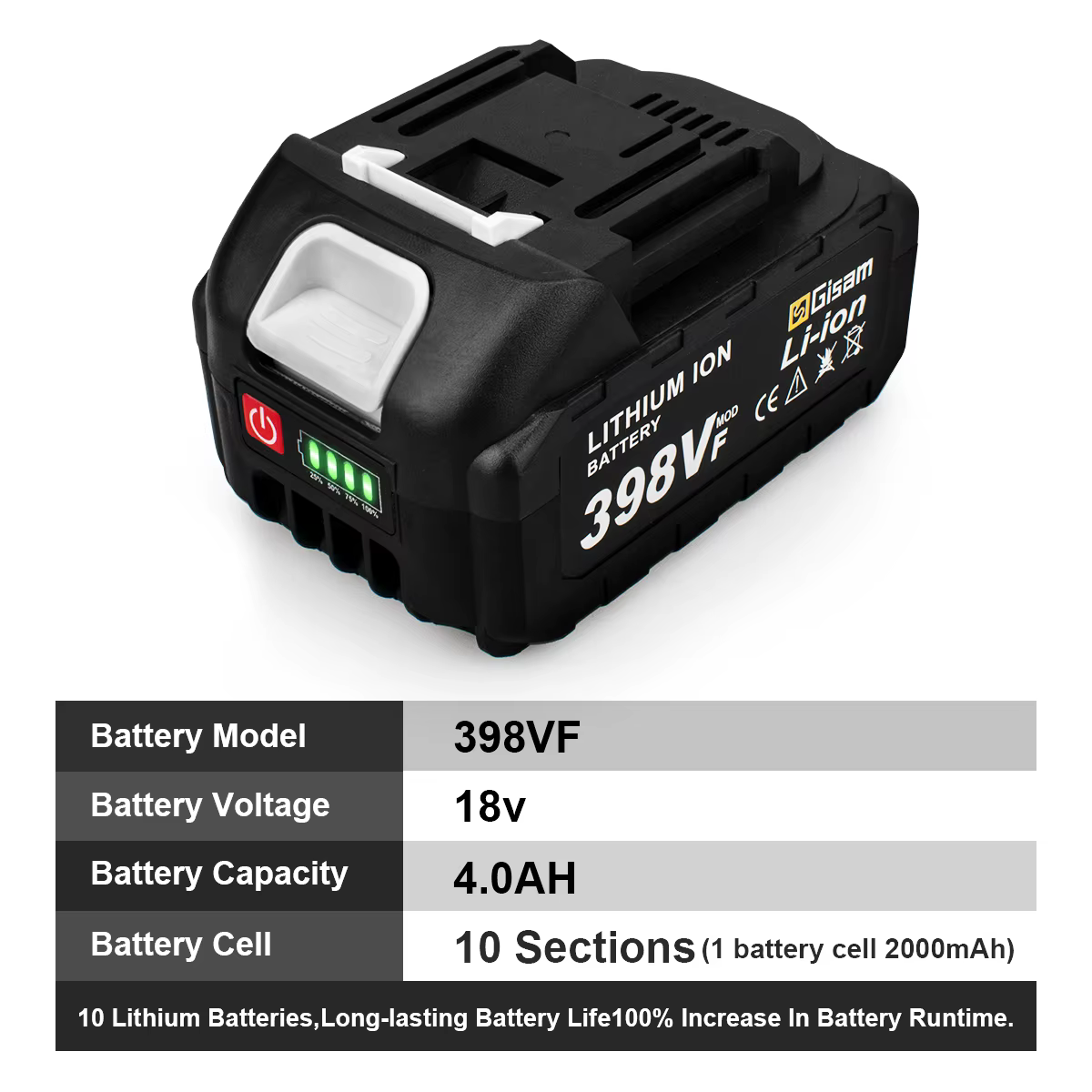 Batterie rechargeable Gisam 4.5Ah 4.0Ah 2.0Ah Lithium-ion 198VF 398VF 928VF Li-ion pour batterie Mak