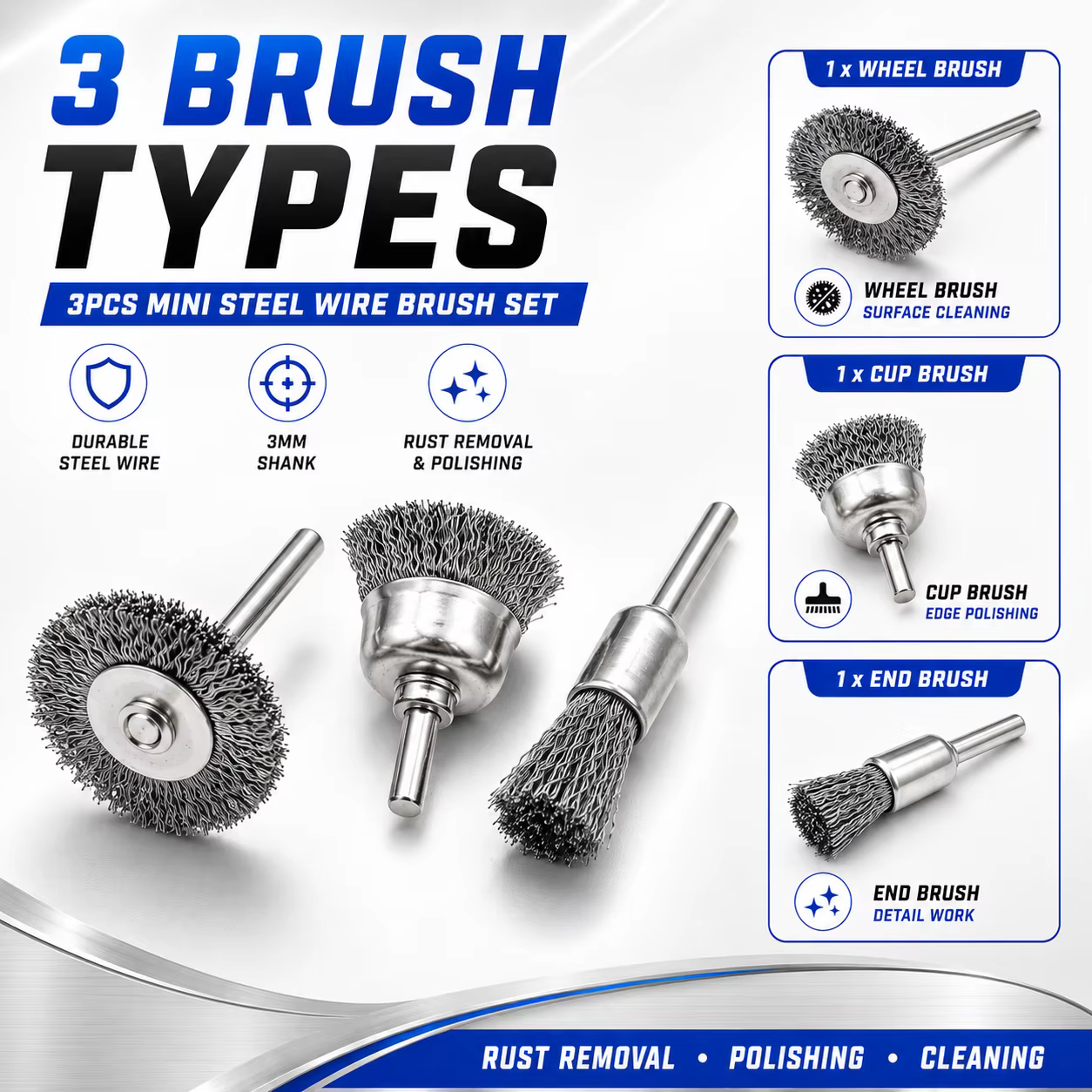 Lot de 3 mini-brosses métalliques, disques de nettoyage pour outils rotatifs, disques de polissage p