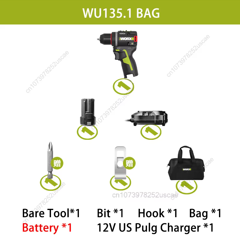 Perceuse électrique sans fil WORX WU135, nouveau Style 2025Y, 12V, 50nm, 1800 tr/min, moteur sans ba