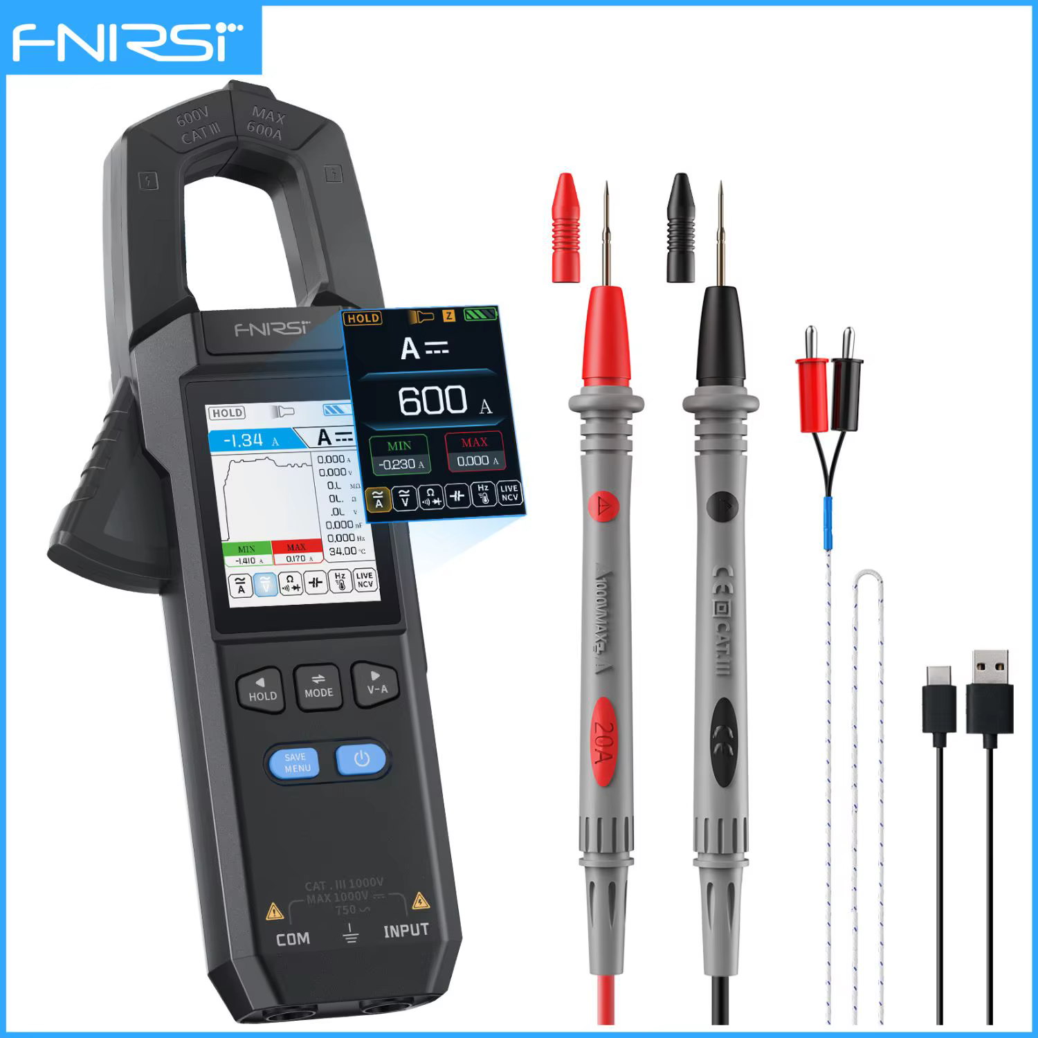 FNIRSI DMC-100 pince multimètre 10000 points TRMS AC/DC ampèremètre de courant pince 600A multimètre