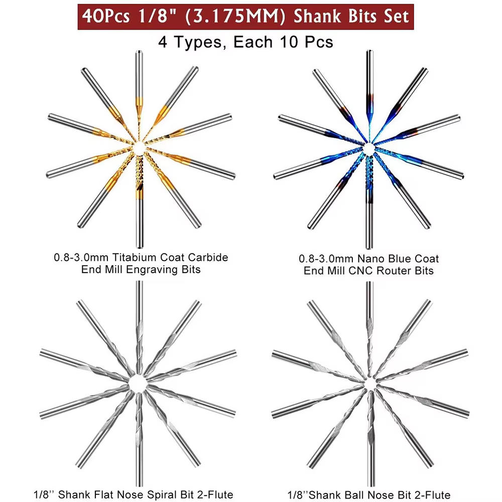 Twotrees fraise en bout jeu d'embouts de gravure Nano bleu enduit CNC routeur Bits coupe fraise 1/8