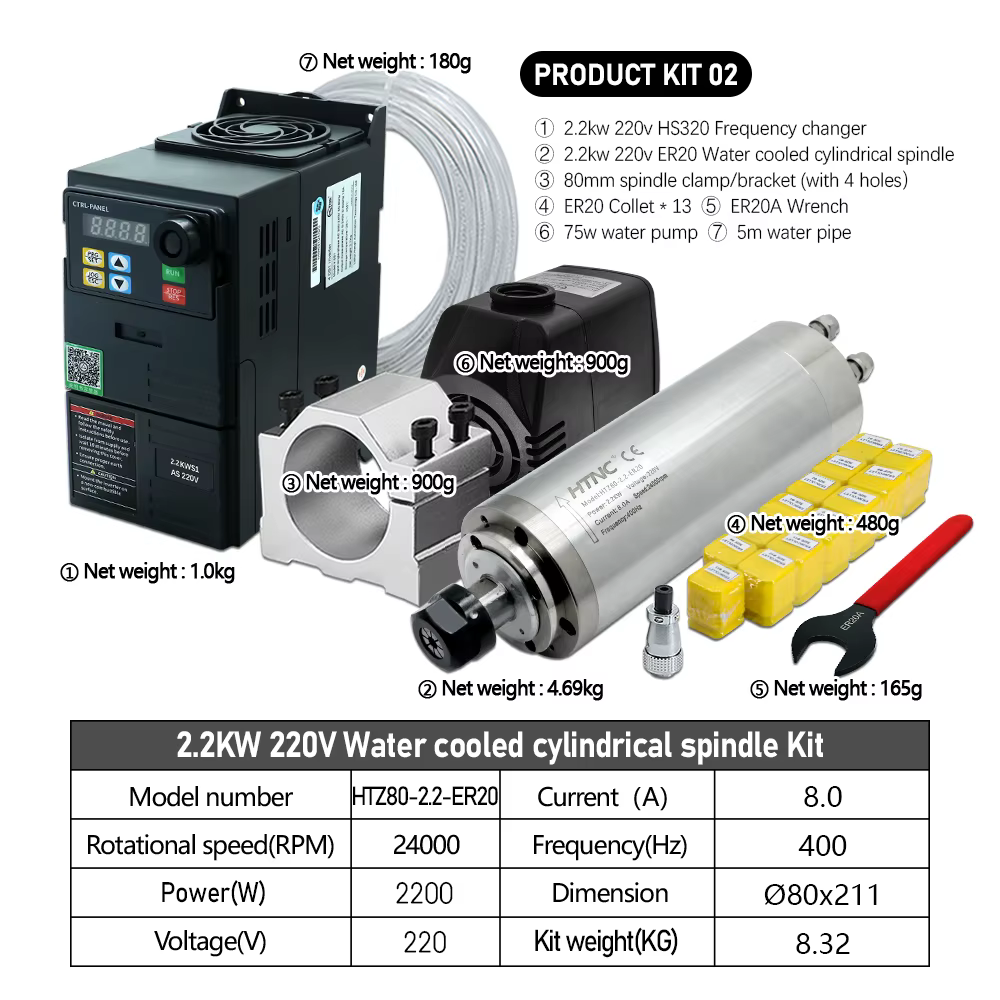 Moteur de broche CNC 2200W 220v ER20 2,2 kw, broche de refroidissement à eau ronde 24000 tr/min + 2,