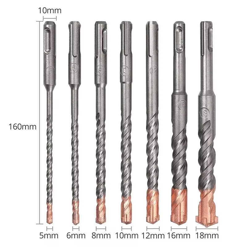Jeu de forets à percussion SDS Plus, 7 pièces, 4 cannelures, 5 6 8 10 12 14 16 18mm 160 200mm pour b