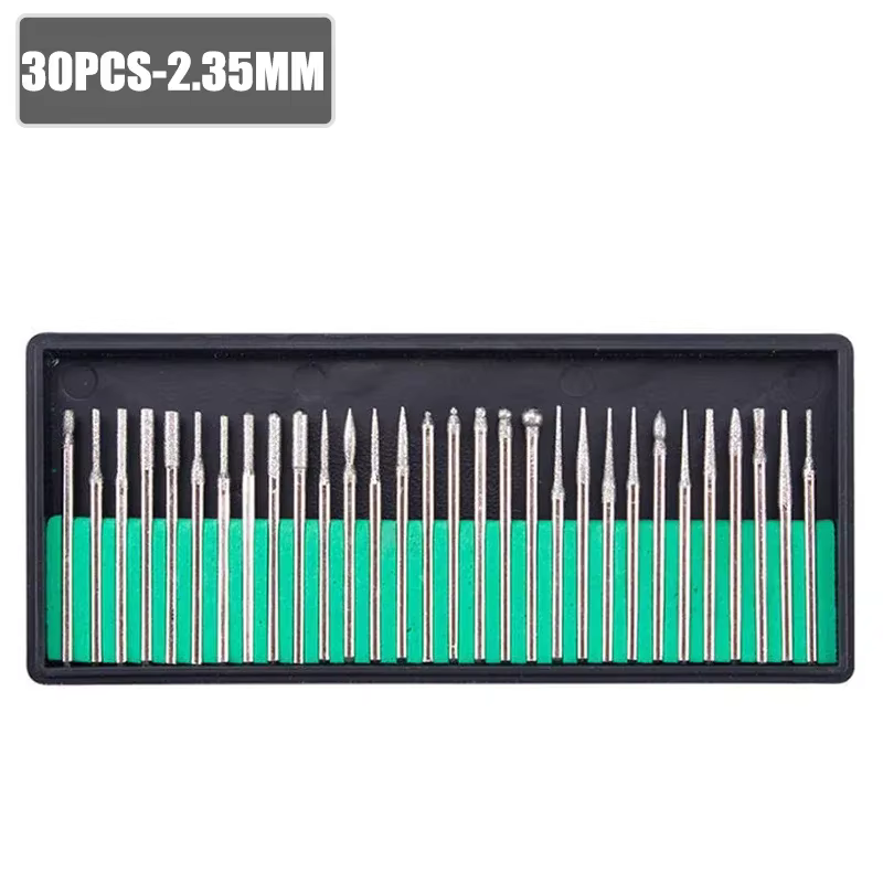 Jeu de 30 fraises diamantées avec étui – tige 2.35/3mm pour outils Dremel et rotatifs, forets de pol