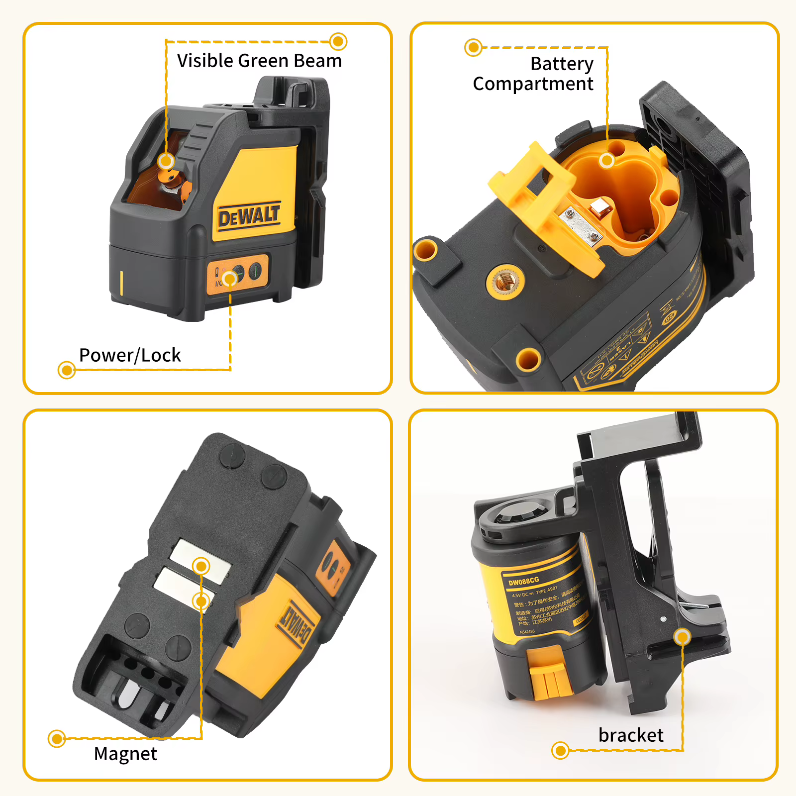 Niveau laser à ligne croisée verte haute précision DEWALT DW088CG, niveau laser vert auto-nivelant p