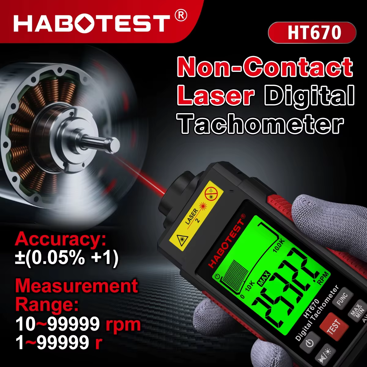 HABOTEST HT670 tachymètre Laser numérique compteur de tr/min sans Contact 2.5-99999 tr/min avec rétr