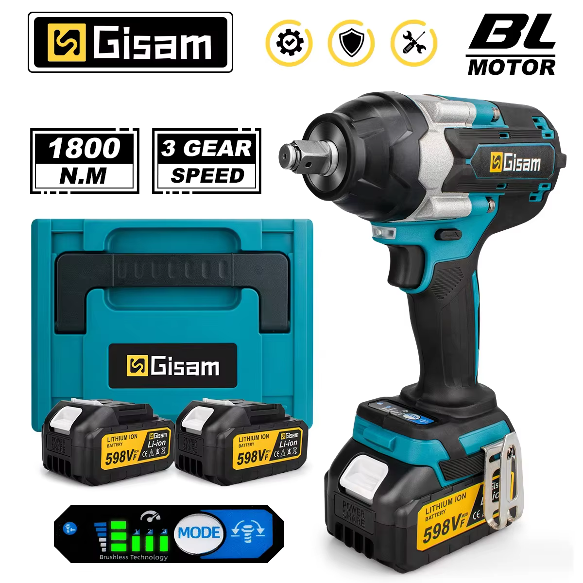 Gismis 1800N.M clé à chocs électrique sans brosse couple 1/2 pouces tournevis clé sans fil outil éle