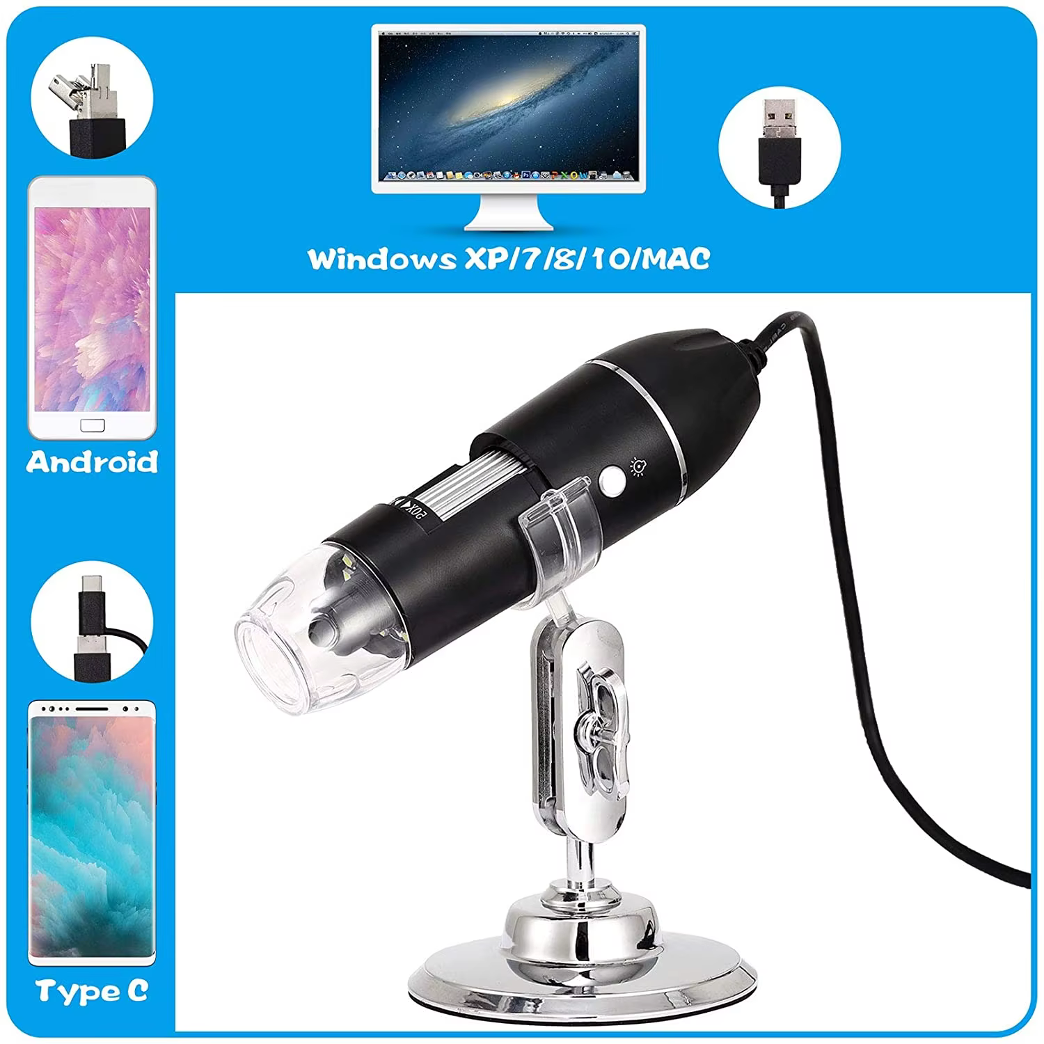 RIEVBCAU Microscope numérique USB 500X 1000X 1600X Microscope électronique professionnel avec 8 LED 