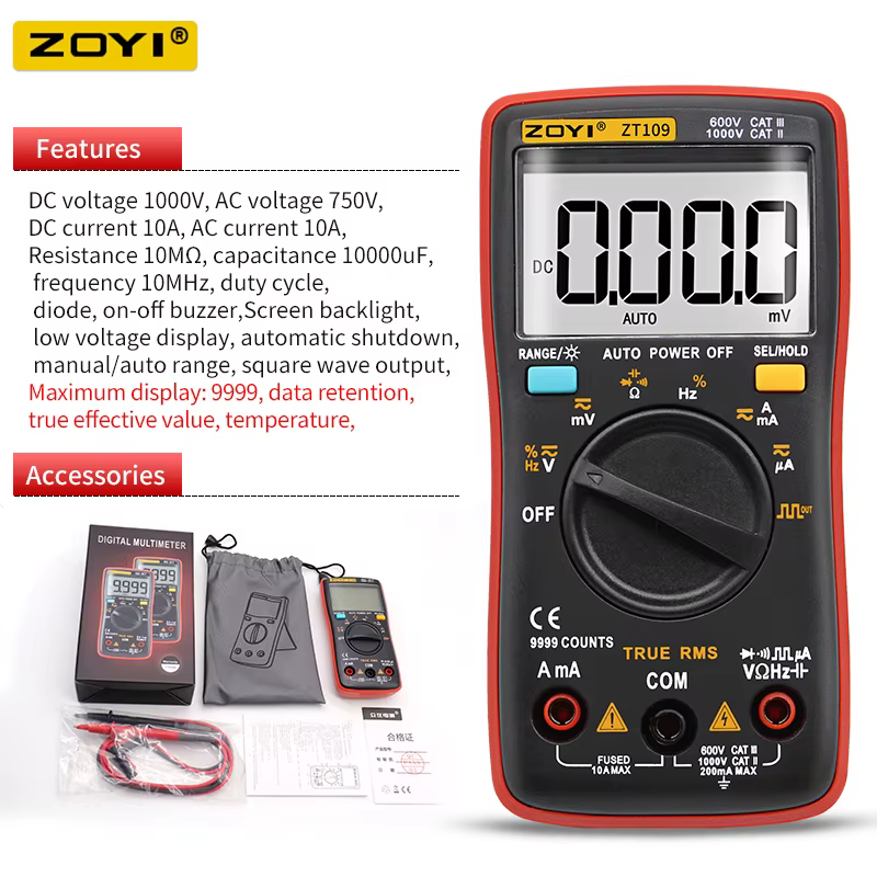 ZOYI-Multimètre électrique numérique ZT109/111, 6000 points, testeur de tension de courant CC/CA, Tr