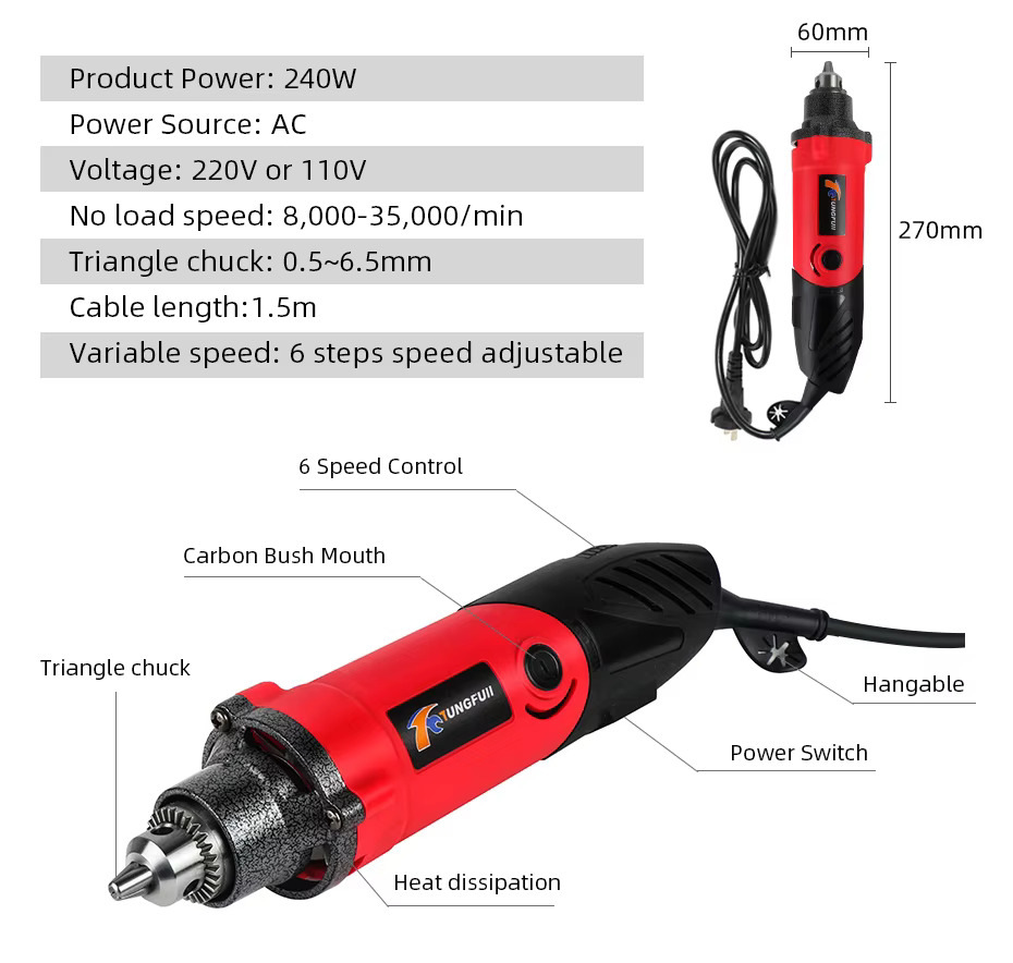 Tungfull-Graveur électrique 240W 220V, outils Dremel, mini perceuse électrique, coupe, polissage, meulage, accessoires