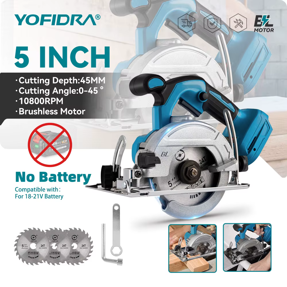 YOFIDRA 5 pouces 10800 tr/min scie circulaire électrique sans brosse sans fil 45 ° Outil