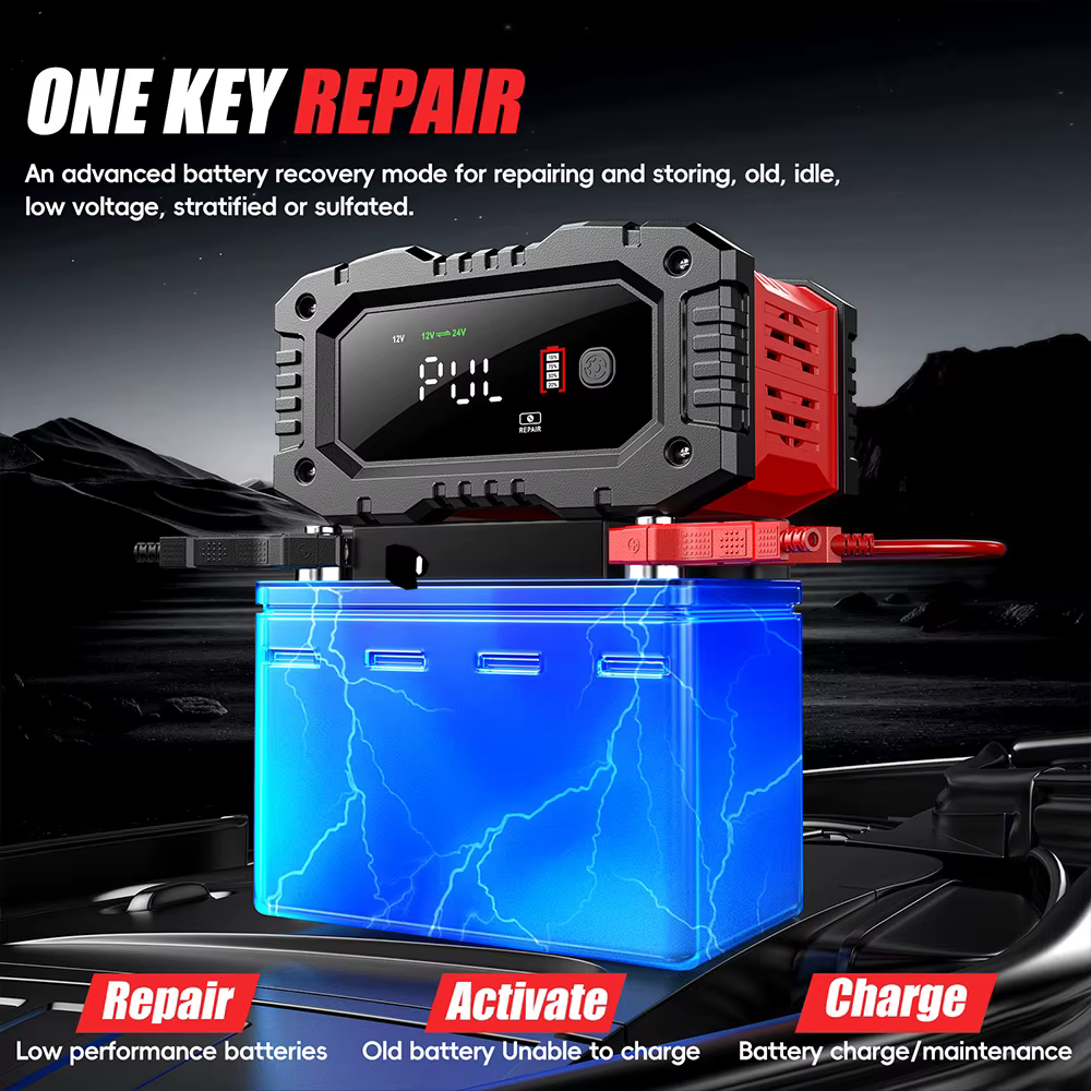 Chargeur intelligent de batterie de voiture et de moto FOXSUR 20A/10A 12V/24V pour batteries au plomb-acide et LiFePO4