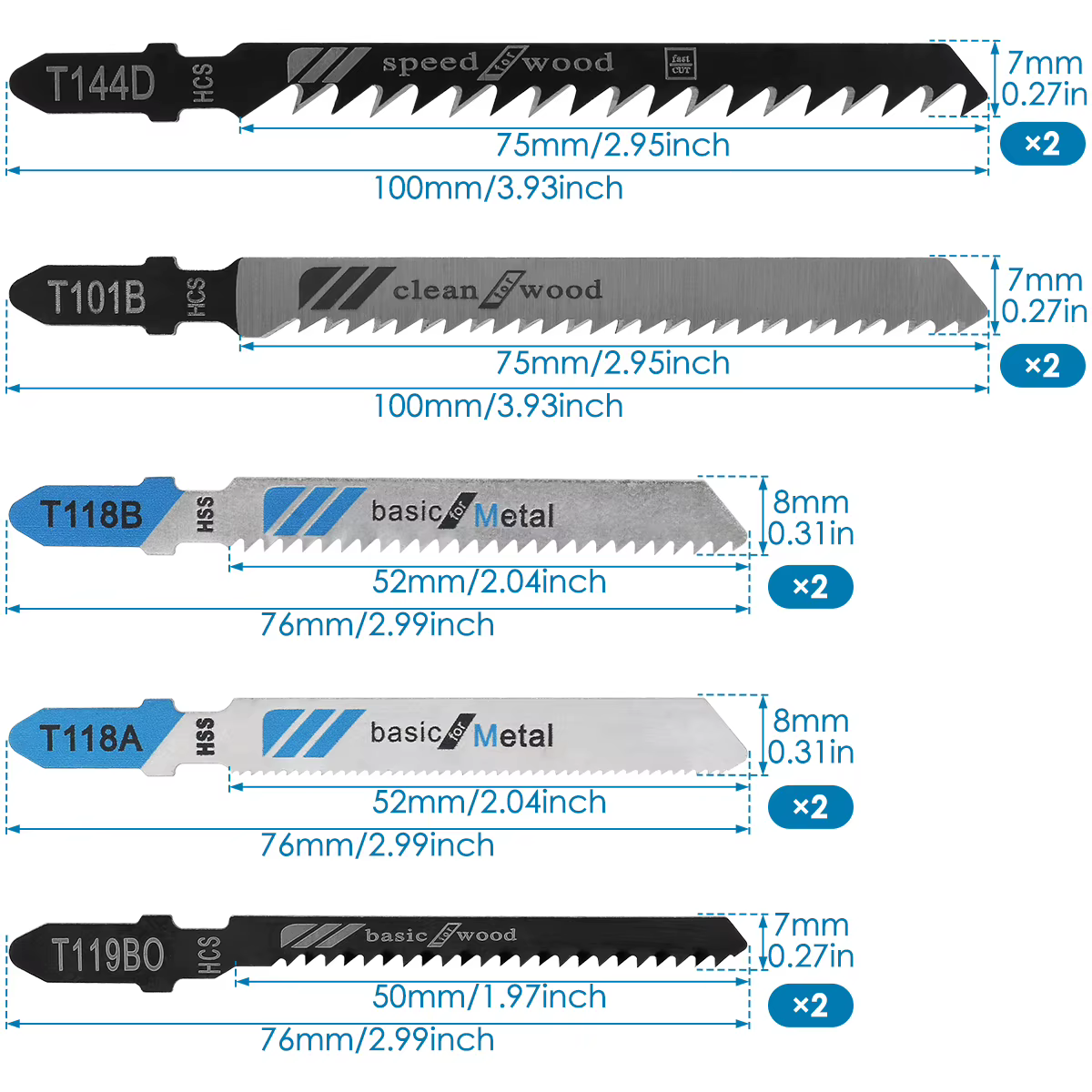 Ensemble de lames de scie sauteuse assorties en acier au carbone avec tige en T
