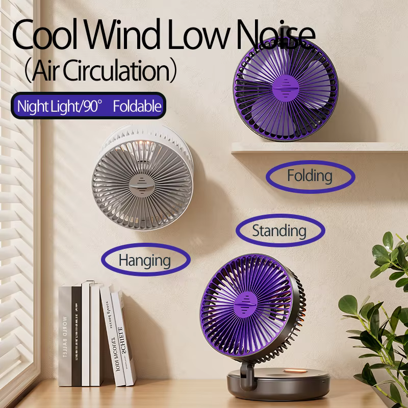 Nouveau ventilateur portable multifonctionnel rechargeable 3-en-1 2024, ventilateur mural 90 °   Ventilateur pliable 4 vitesses avec lumière nocturne chaude